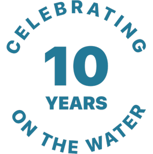 the words - celebrating 10 years on the water in a circle